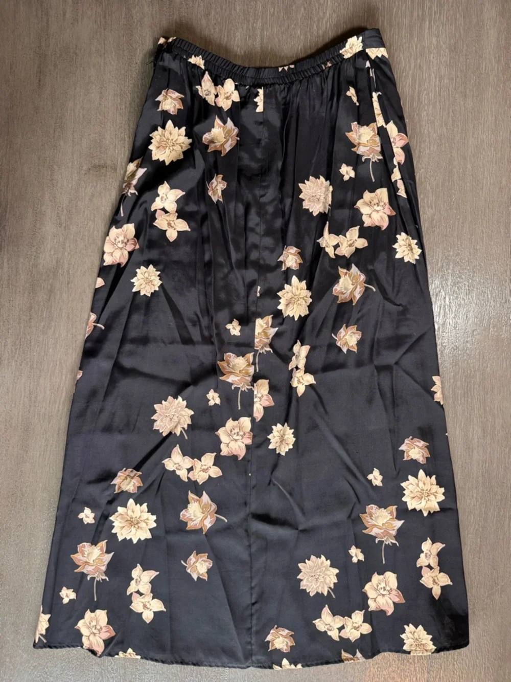 Vintage Black Floral Maxi Skirt L Tan Satin